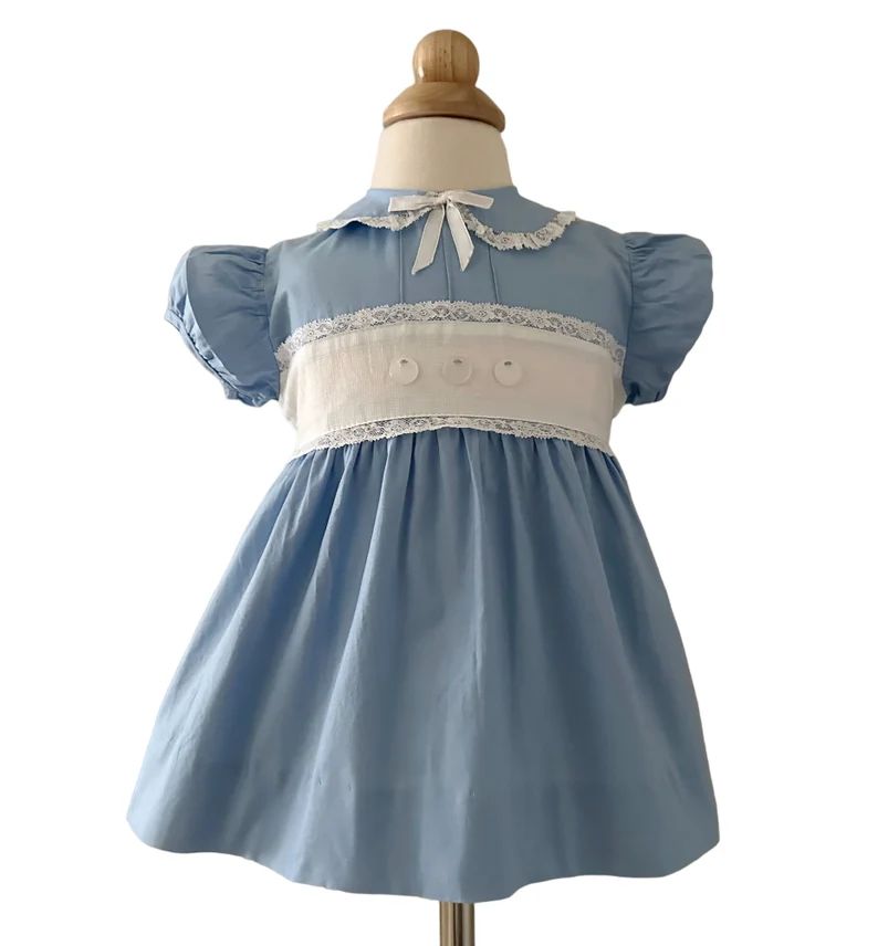 Size 12 Months Blue Cotton Baby Dress w/ White Bodice Trim Lace 1503376802 | Etsy (US)