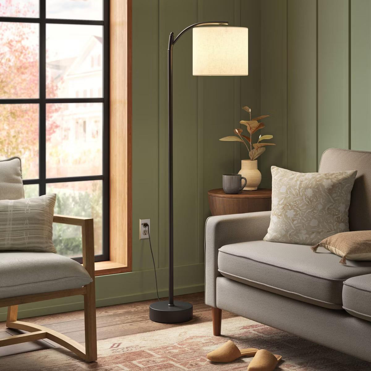 Downbridge Floor Lamp with Shade Black/Tan - Threshold™: Ambient Light, Metal Base, Linen Drum | Target