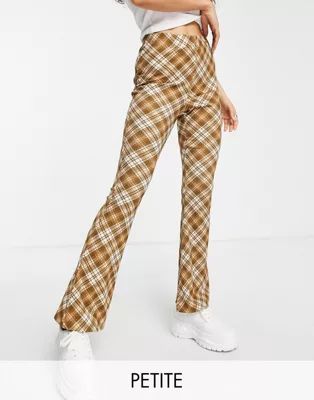 Topshop Petite crinkle flared trouser in brown check print | ASOS (Global)