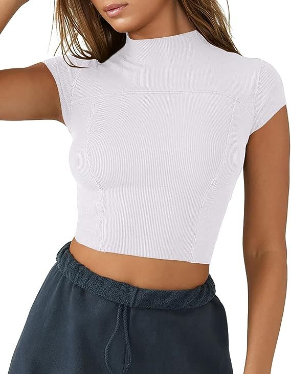 LASLULU Womens Short Sleeve Workout Top Seamless Mock Neck Cropped Athletic Shirts Summer Ribbed ... | Amazon (US)