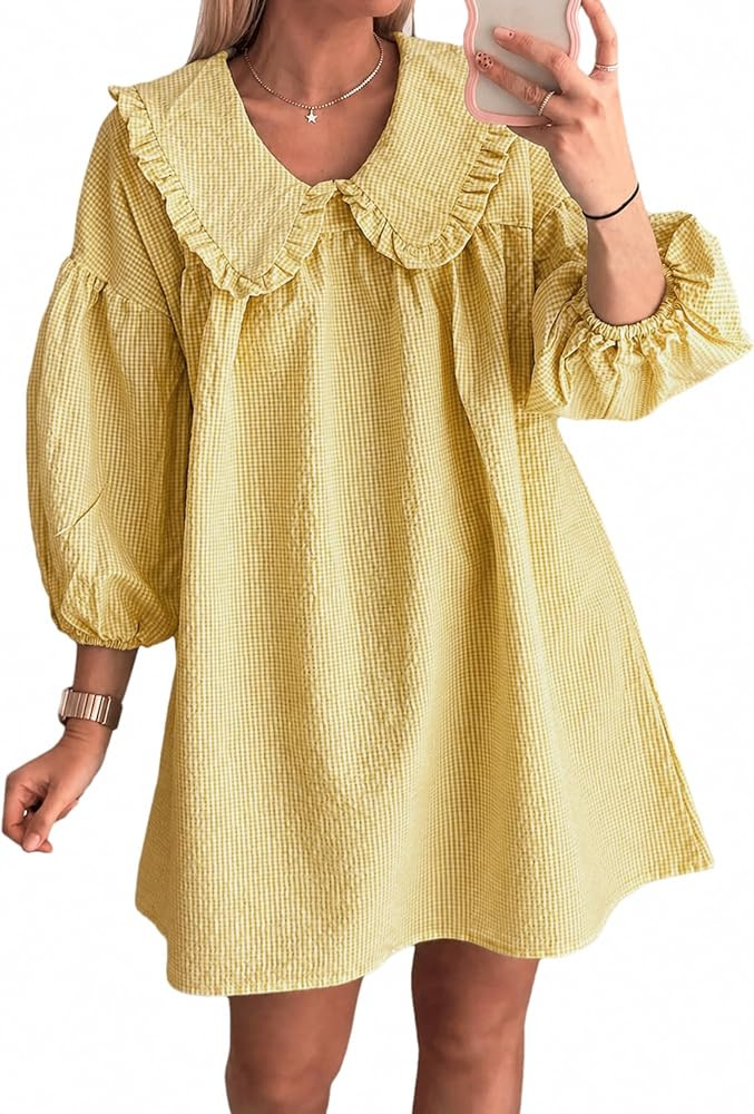 Ynhonra Women's Gingham Mini Dress 3/4 Puff Sleeve Babydoll Doll Collar | Amazon (US)