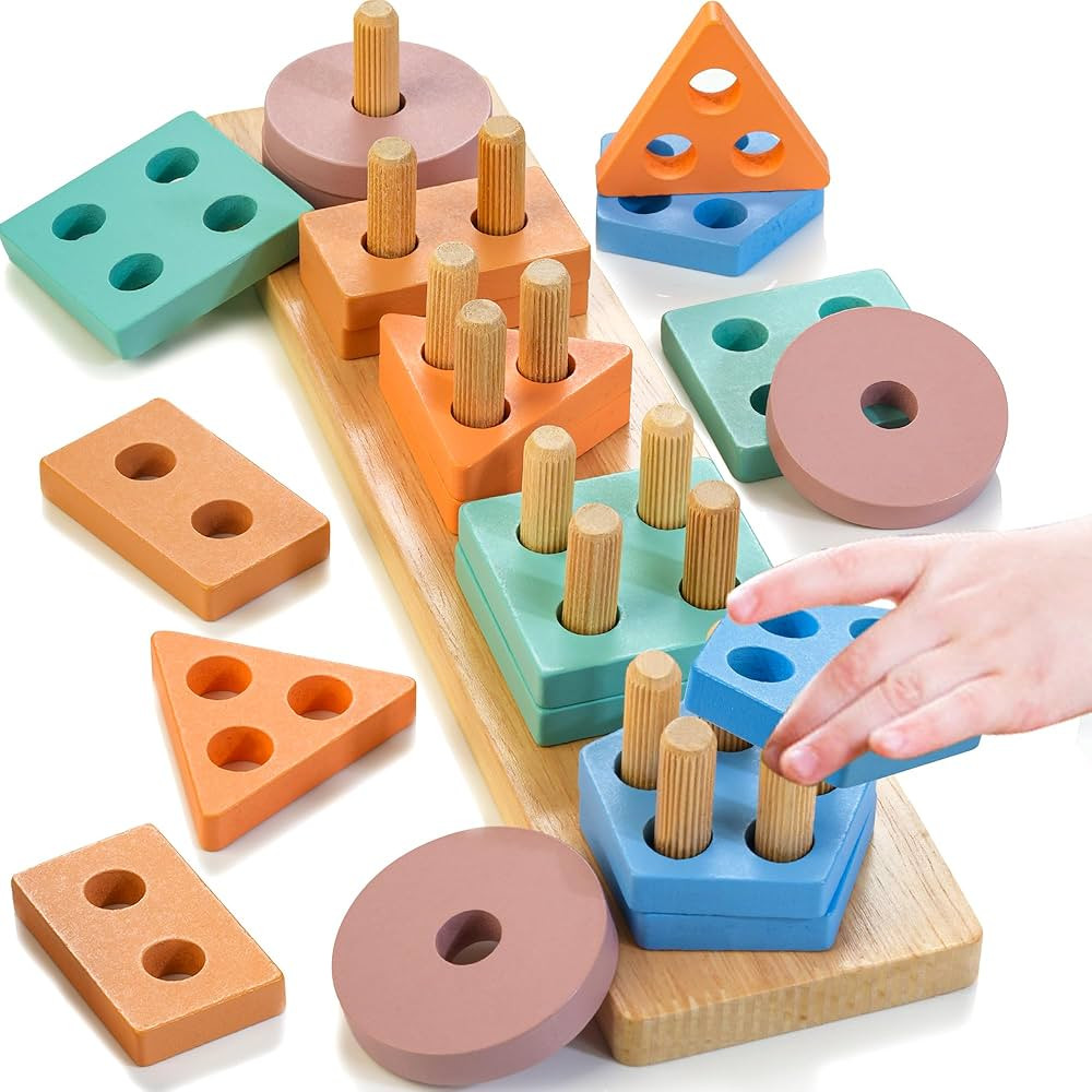 HELLOWOOD Montessori Toys for 1 2 3 Years Old, Wooden Sorting & Stacking Toys for Toddlers 1-3, E... | Amazon (US)