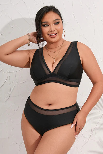 Arizona Road Trip Mesh V-neck and Mid Rise Hipster Black Plus Size Bikini Set | Cupshe