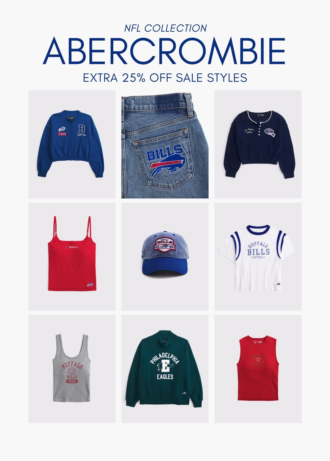 [9/24/26] NFL collection @abercrombie on sale!!

MyAF members get 25% Off Select Styles. Linking NFL styles included in this weekend’s sale. Highly recommend grabbing pieces you love because NFL collection rarely goes on sale! Also available in kids & toddler sizing 💙

[Offer valid online only September 24, 2026 to September 27, 2026 in US. Offer applies to select styles as indicated. Member price reflects discount.]

#LTKSeasonal #LTKSaleAlert #LTKKids