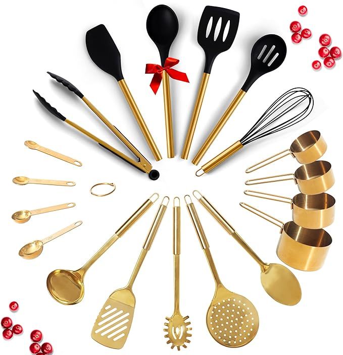 Black and Gold Kitchen Utensils Set - 19 PC Luxury Set Includes Stainless Steel Gold Cooking Uten... | Amazon (US)