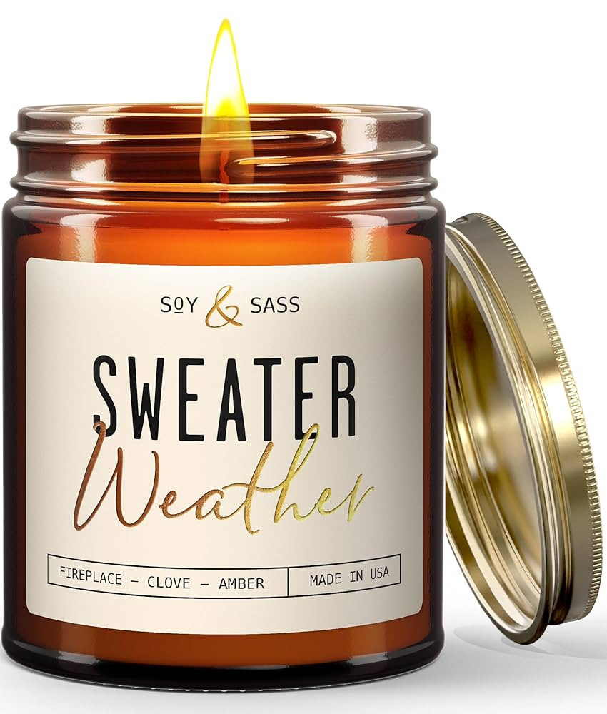 Sweater Weather Candle, Fall Candles - 'Sweater Weather' Candle w/Fireplace, Clove & Amber I Infu... | Amazon (US)