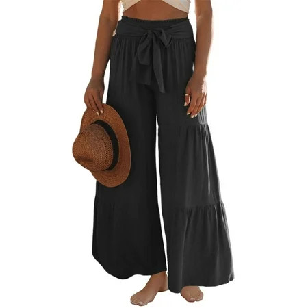 Inevnen Womens Cotton Linen Palazzo Wide Leg Pant with Pockets High Waist Casual Loose Belt Flowy Pa | Walmart (US)