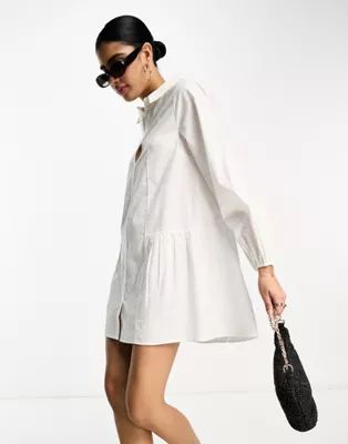 ASOS DESIGN smock button through gathered detail mini shirt dress in white | ASOS (Global)