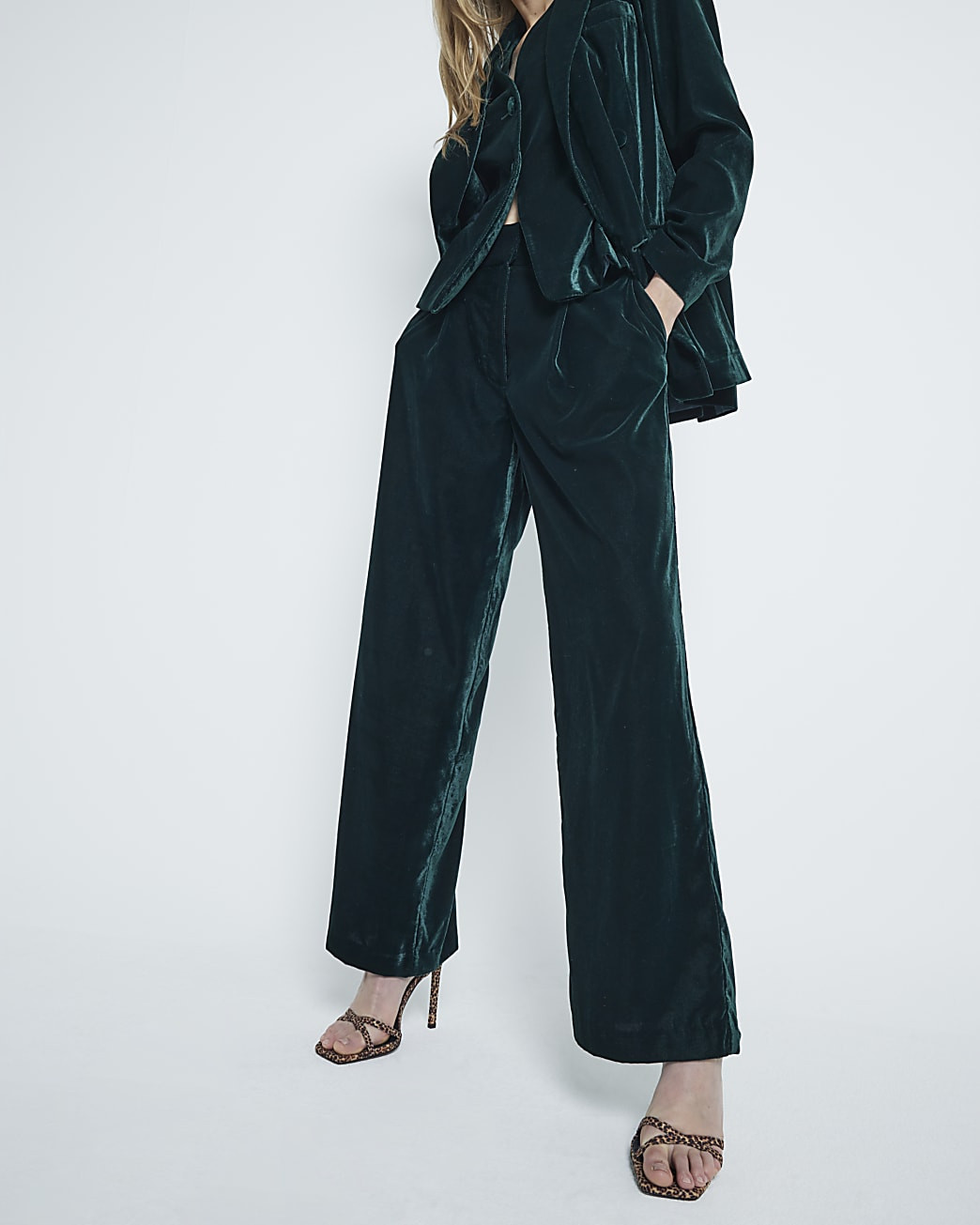 Green Velvet Wide Leg Trousers | River Island UK & IE
