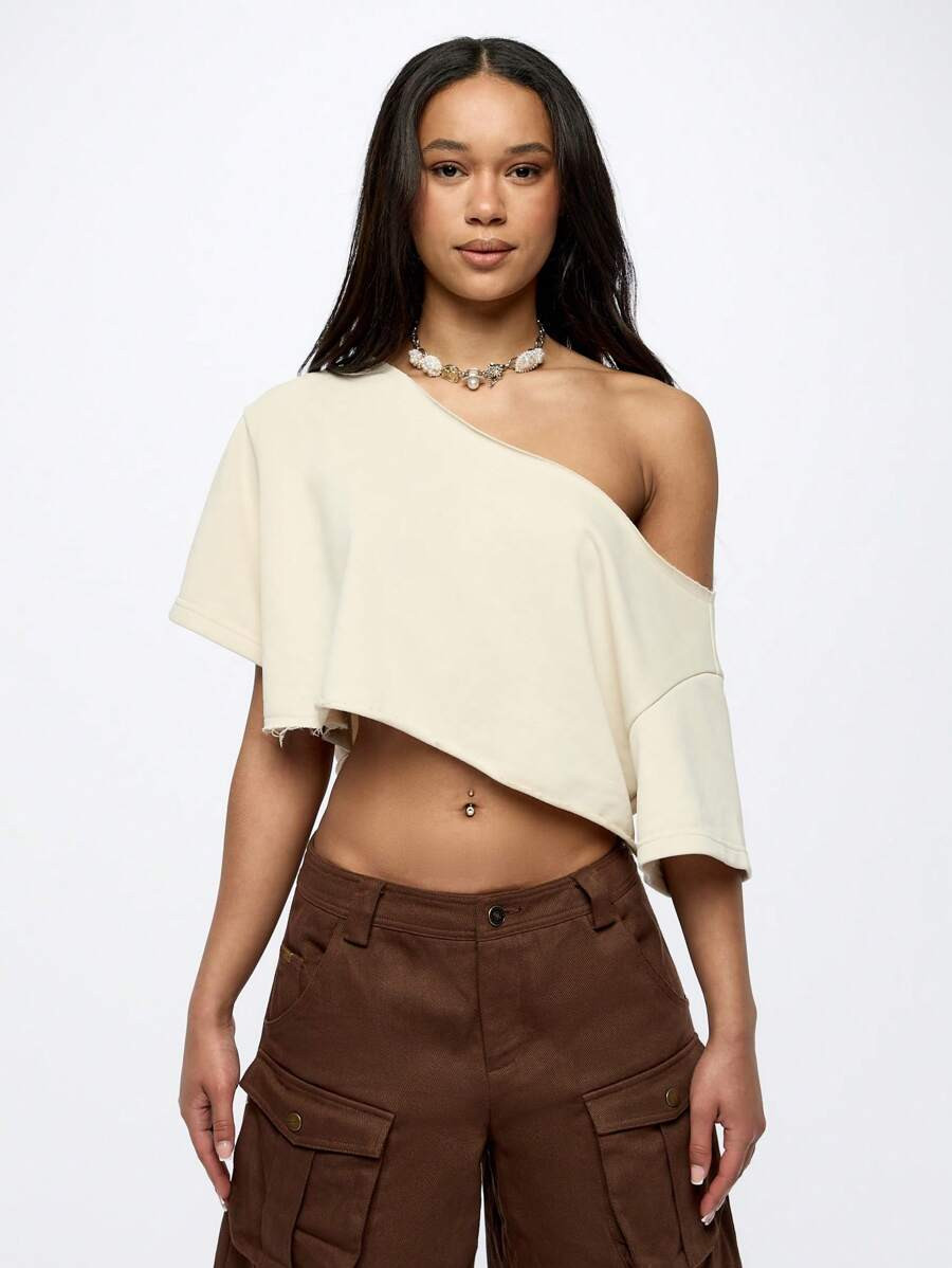 SUMWON WOMEN Off Shoulder Cropped T-Shirt Asymmetrical Design Summer Festival Casual Slouchy Stre... | SHEIN