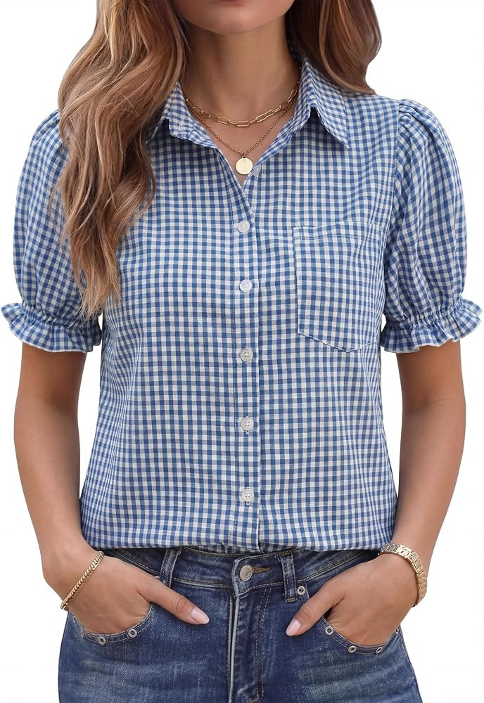 LOMON Linen Shirts for Women Puff Sleeve Button Down Blouse | Amazon (US)