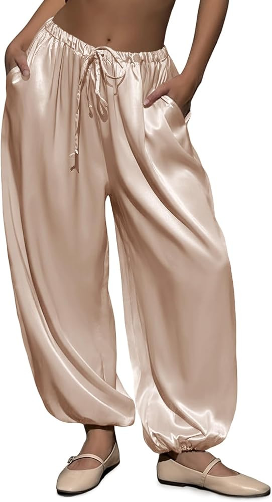 Fisoew Womens Satin Harem Pants Casual Baggy Barrel Leg Elastic Waist Drawstring Loose Workout Tr... | Amazon (US)