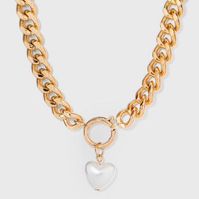 Simulated Pearl Heart Charm Chunky Chain Pendant Necklace - Wild Fable&#8482; Gold | Target