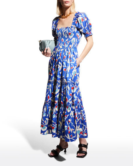 Tory Burch Smocked Square-Neck Midi Dress | Neiman Marcus