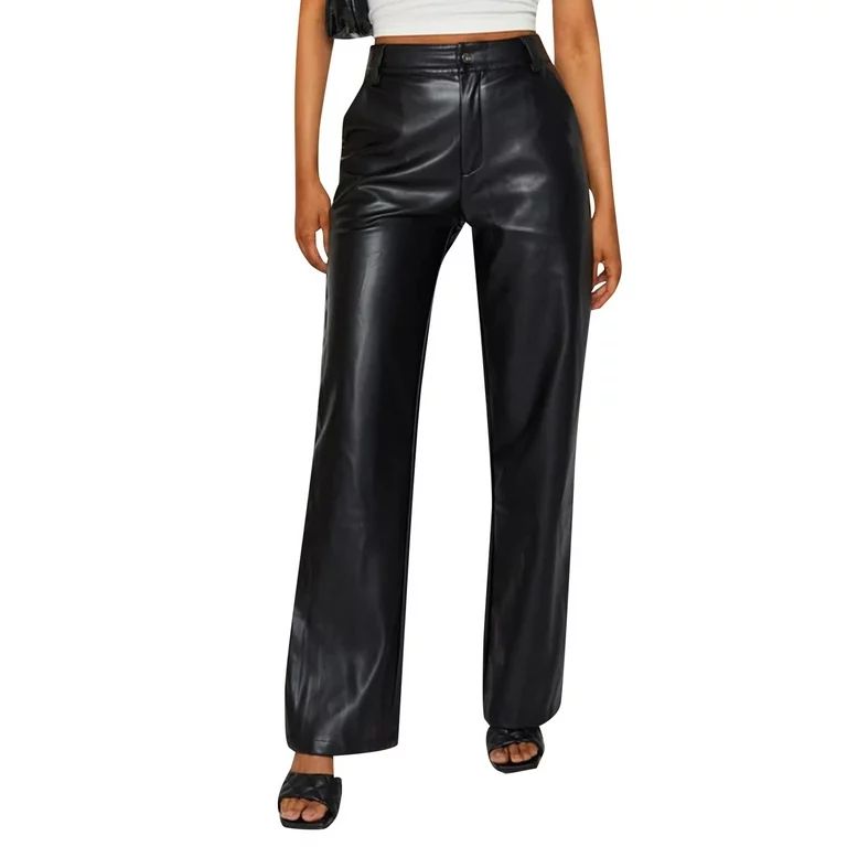 Musuos Women Faux Leather Pants High Waist Straight Wide Leg Punk Solid Color Pu Pants | Walmart (US)