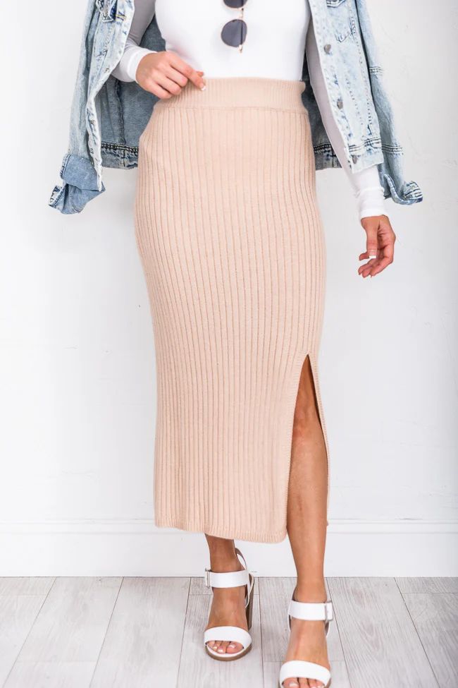 Make A Decision Beige Side Slit Sweater Midi Skirt | The Pink Lily Boutique