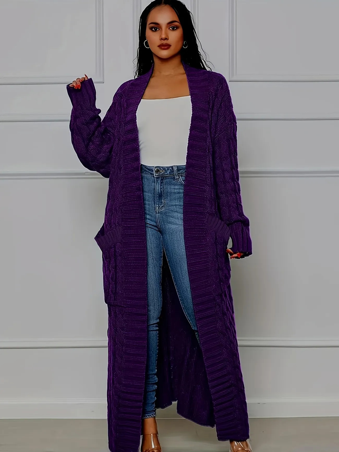 Long Length Cable Knit Cardigan, Elegant Solid Long Sleeve Sweater With Pockets, Women's Clothing... | Temu Affiliate Program