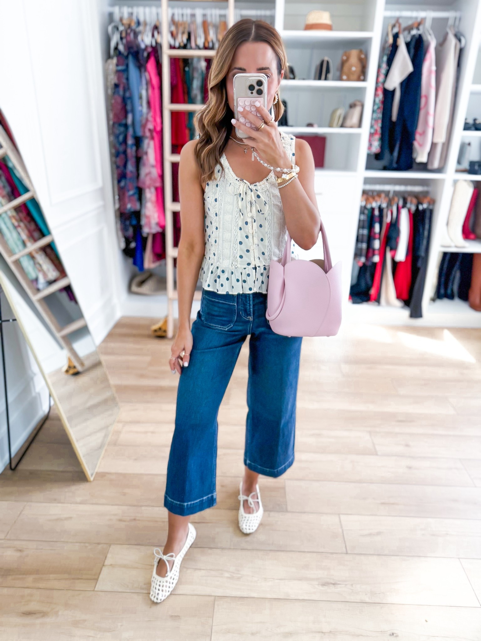 Code LTKSPANX and AFLTK! Spring outfit. Elevated casual. Spring style. Spring #ootd. Shapewear wide leg crop jeans in XS petite - could size down if in-between. So comfy! Polka dot peplum tank in XXS. Woven flats are TTS. 

#LTKSpringSale #LTKootd #LTKPetite