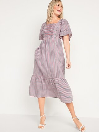 Fit & Flare Short-Sleeve Striped Tie-Back Midi Dress for Women | Old Navy (US)