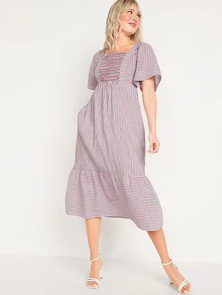 Fit &#x26; Flare Short-Sleeve Striped Tie-Back Midi Dress for Women | Old Navy (US)