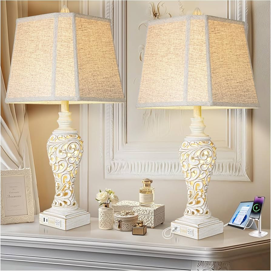 Vintage Table Lamps Set of 2, 28.5'' High Bedside Lamps with Fabric Shade, Farmhouse Nightstand L... | Amazon (US)