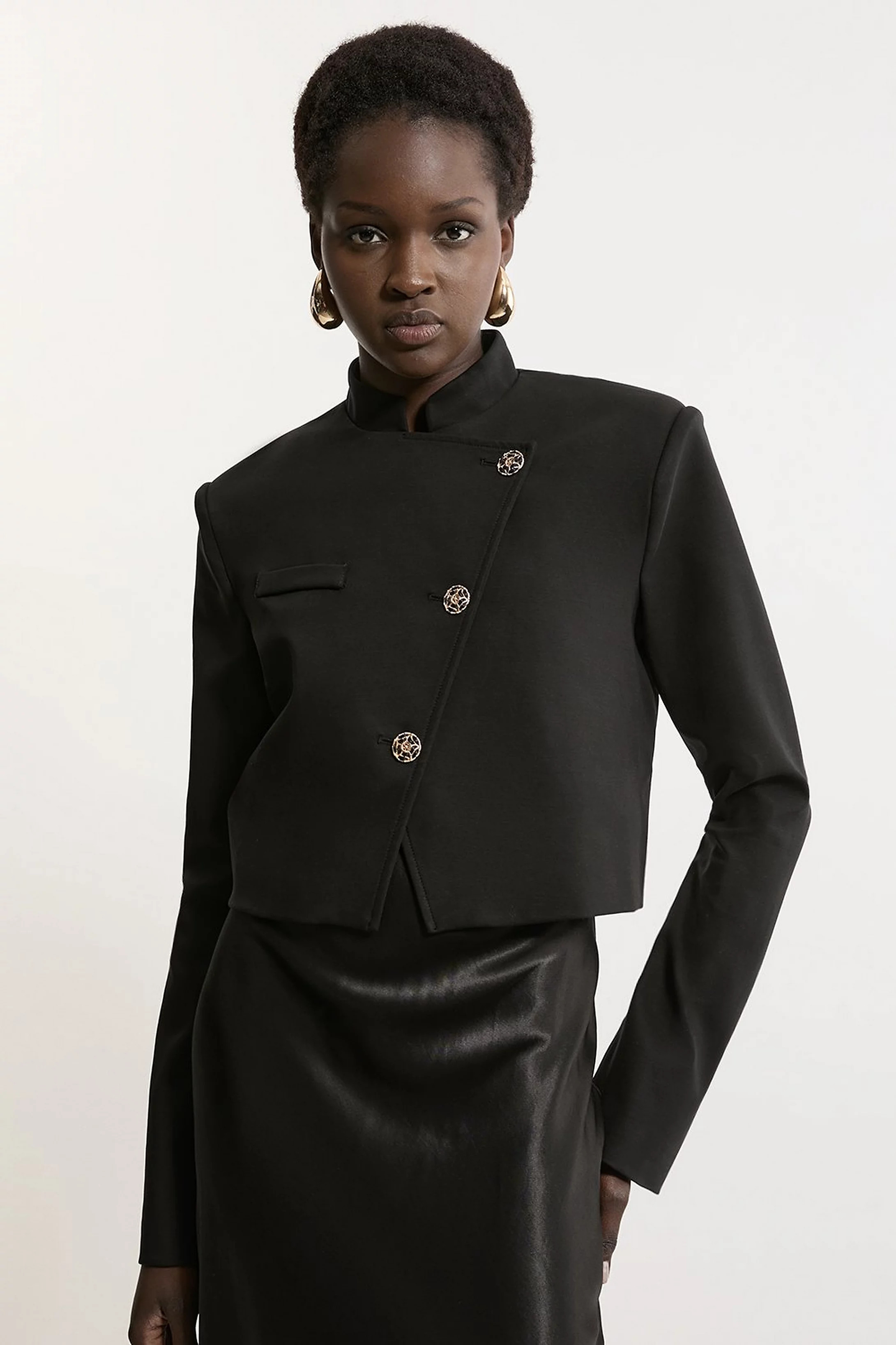 Button Detail Luxe Ponte Jersey Cropped Jacket | Karen Millen UK + IE + DE + NL