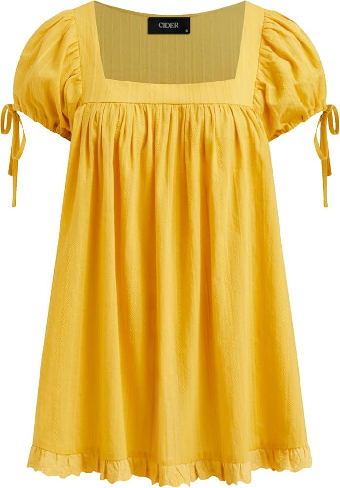 CIDER Blouses for Women Square Neck Ruffle Knot Short Sleeve Recycled Cotton Solid Long Sleeve Bl... | Amazon (US)