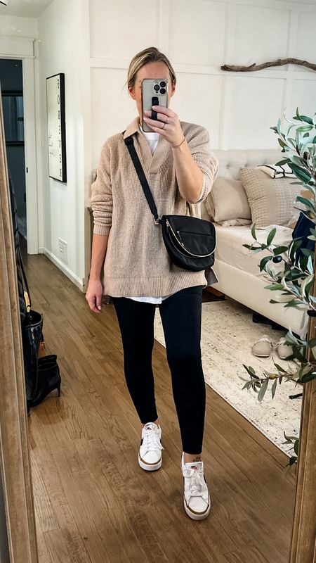 Athleisure outfit! Medium waffle polo, small white tee, medium leggings. So comfy and cozy for running around or lounging! 

#LTKfindsunder50 #LTKstyletip #LTKMostLoved