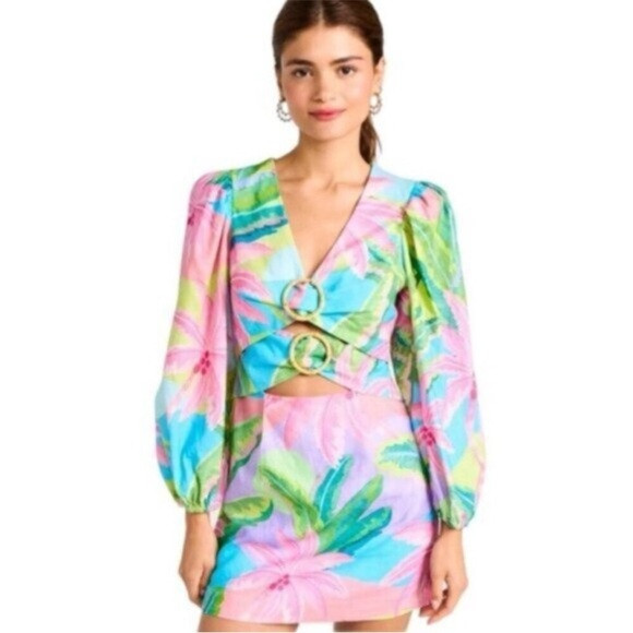 Farm Rio Beach Vibe Mini Dress Cutout Floral Tropical Puff Sleeve Size M. | Poshmark