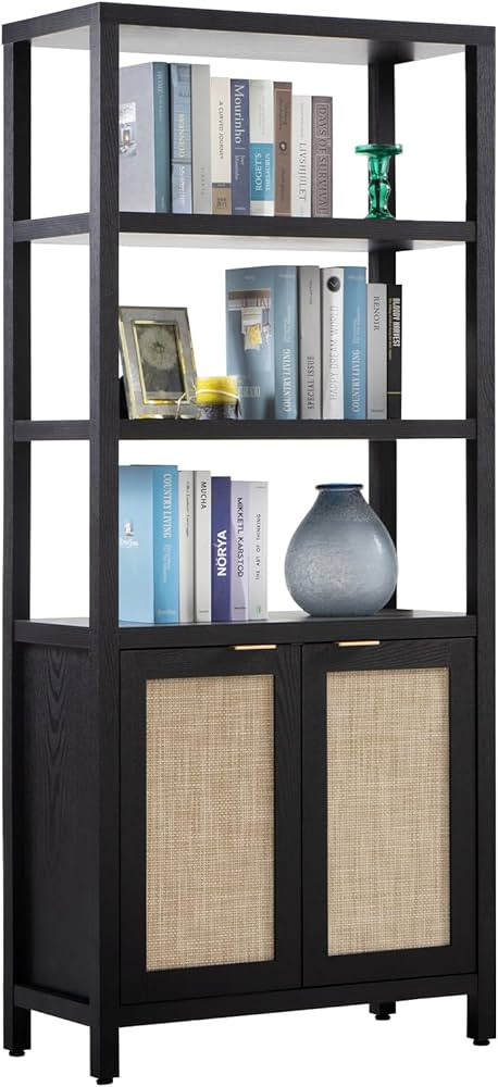 SICOTAS Bookshelf 5 Tier Book Shelf Rattan Boho Tall Bookcase with Doors Storage Wood Shelves Lar... | Amazon (US)