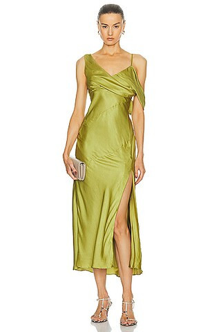NICHOLAS Finley Asymmetrical Draped Midi Dress in Olive | FWRD 