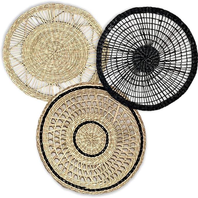 Windsor Luxe Set of 3 Wall Hanging Flat Baskets Boho Room Decor Round Natural Woven Seagrass Blac... | Amazon (US)