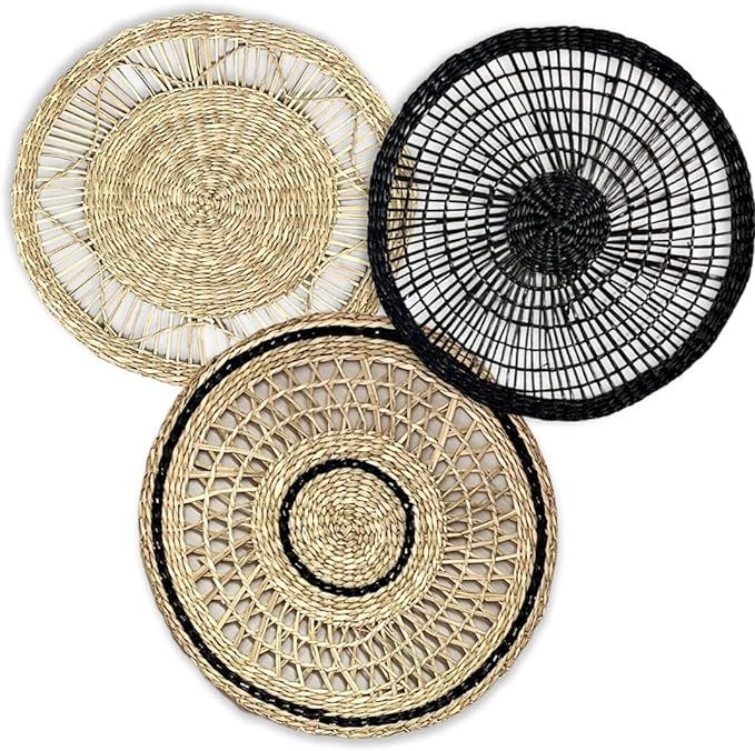 Windsor Luxe Set of 3 Wall Hanging Flat Baskets Boho Room Decor Round Natural Woven Seagrass Blac... | Amazon (US)
