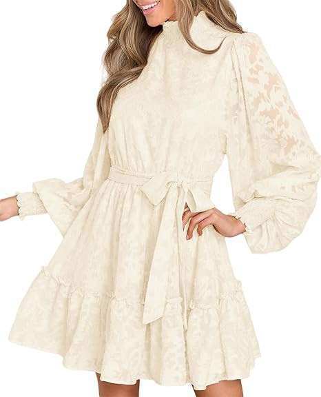 Ferlema Womens 2023 Long Puff Sleeve Smocked High Neck Tie Waist Floral Lace A Line Flowy Party M... | Amazon (US)