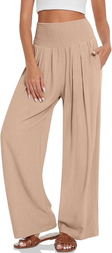 TARSE Womens Summer Linen Palazzo Pants Boho High Waisted Wide Leg Casual Long Lounge Pant Trouse... | Amazon (US)