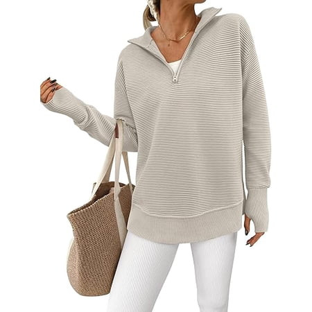 PRETTYGARDEN Womens Long Sleeve Quarter Zip Pullover Sweater Casual Loose V Neck Collared Ribbed Knit Jumper Tops Thumb Hole | Walmart (US)