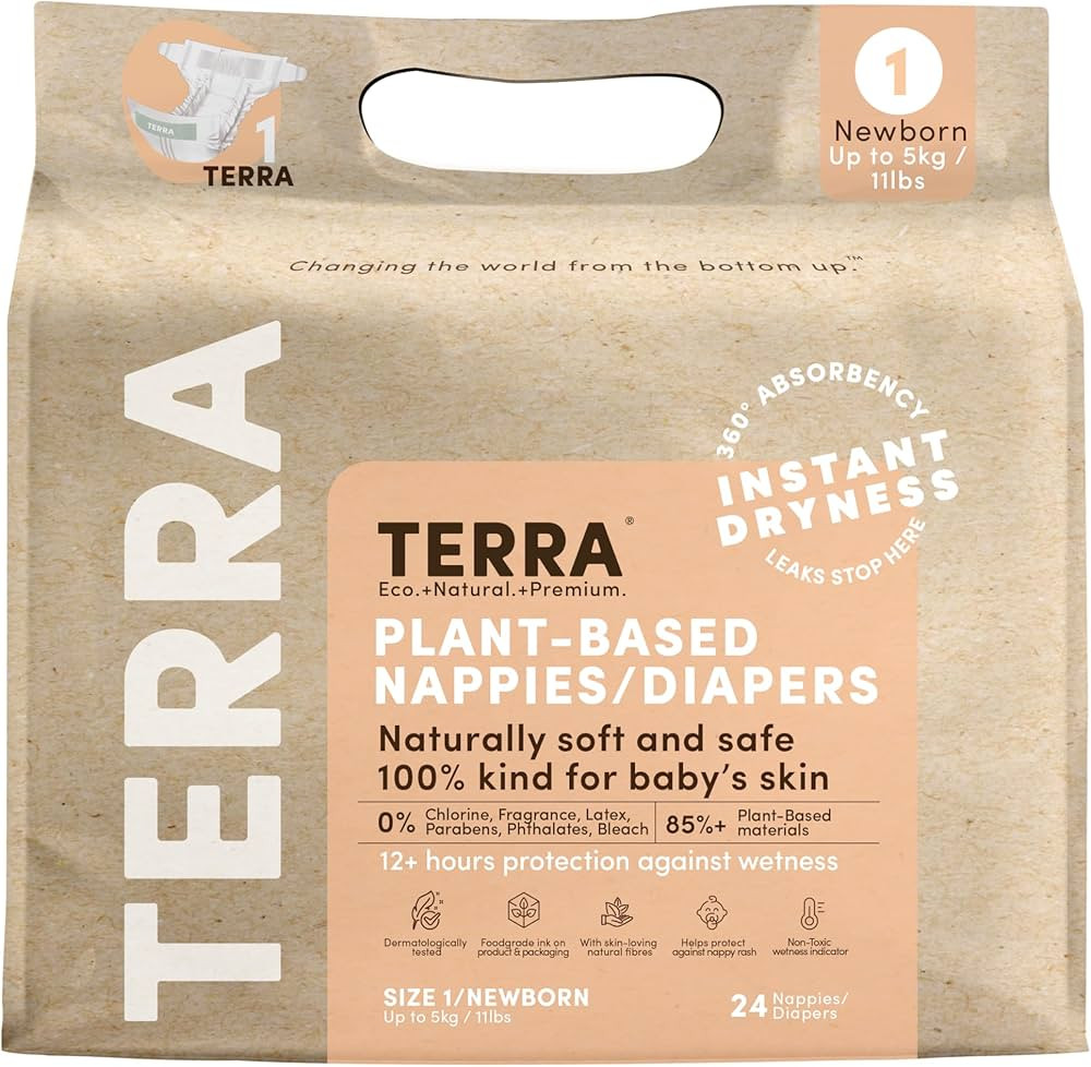 Terra Size 1 Newborn Diapers: 85% Plant-Based Diapers, Ultra-Soft & Chemical-Free for Sensitive S... | Amazon (US)