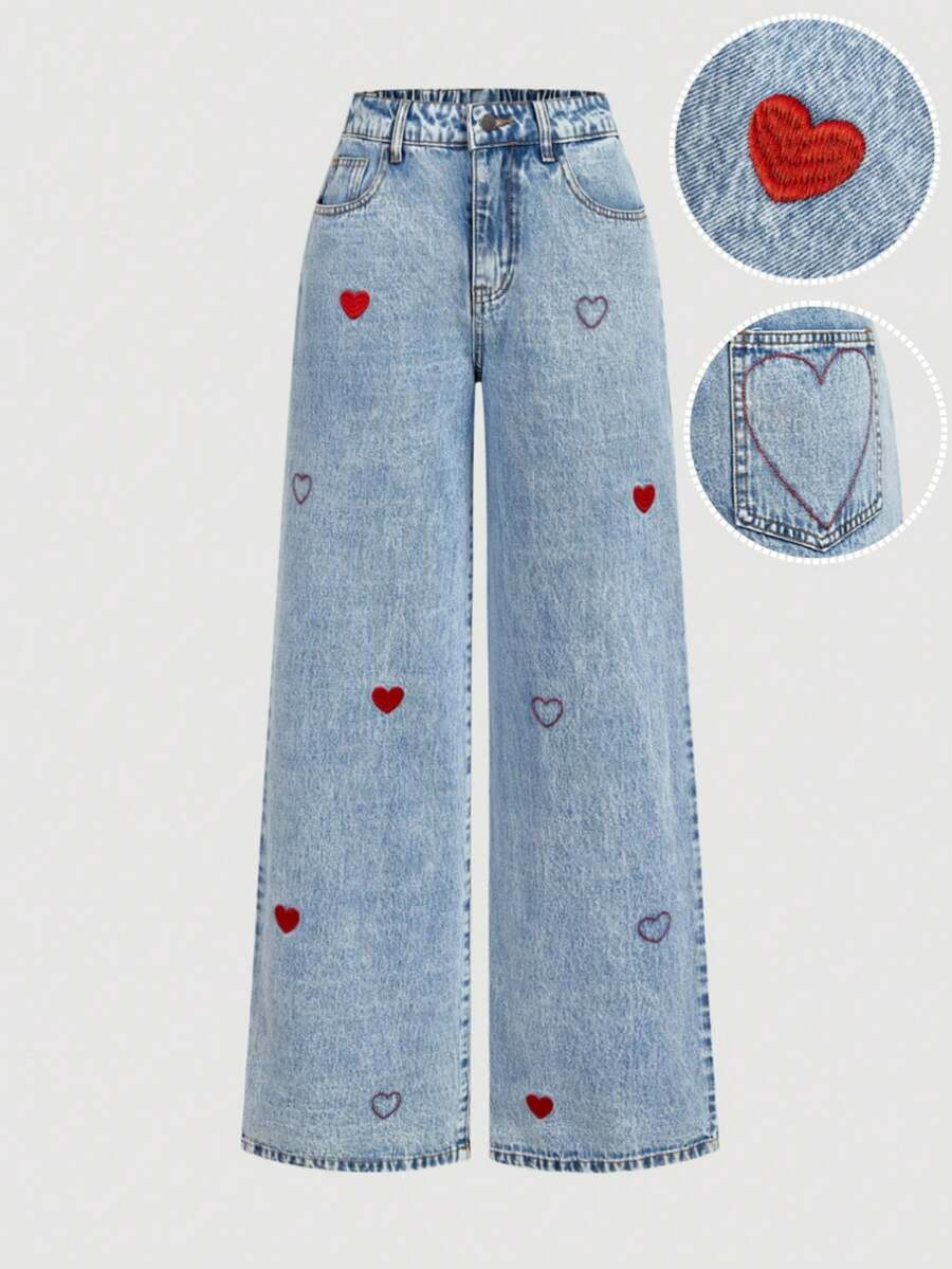 Sweetra Women's Casual Everyday Commuting Heart Embroidery Loose Wide-Leg Jeans | SHEIN