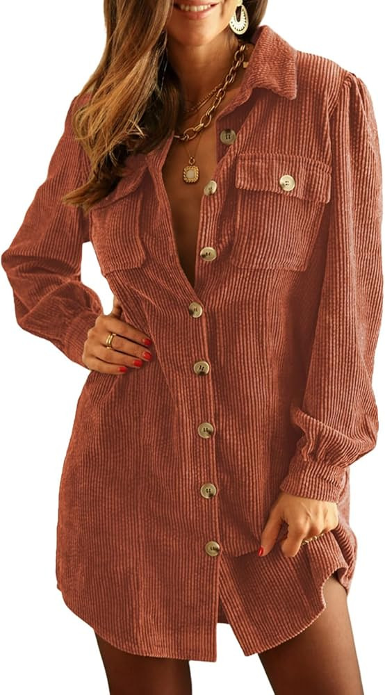 Alaster Queen Women's Corduroy Long Sleeve Short Dresses Fall Winter Button Down Work Tunic Dress... | Amazon (US)