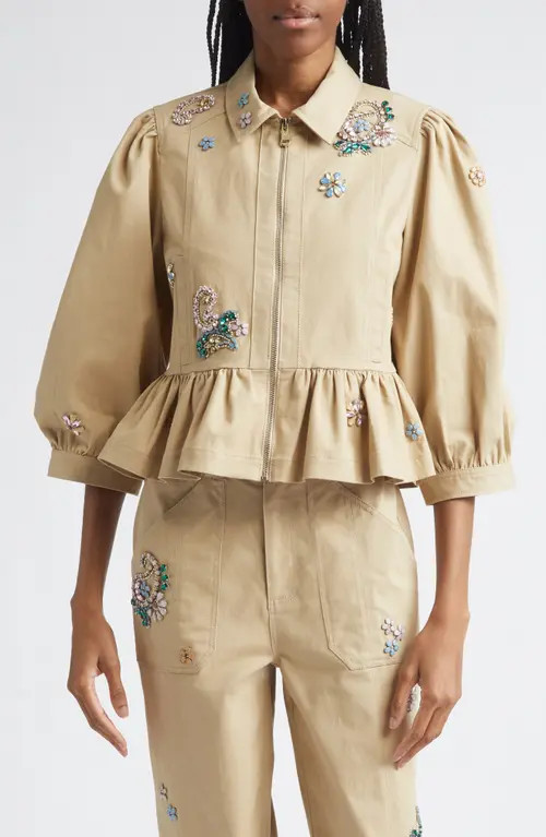 Cinq à Sept Daphne Rhinestone Paisley Jacket in Khaki at Nordstrom, Size Xx-Small | Nordstrom