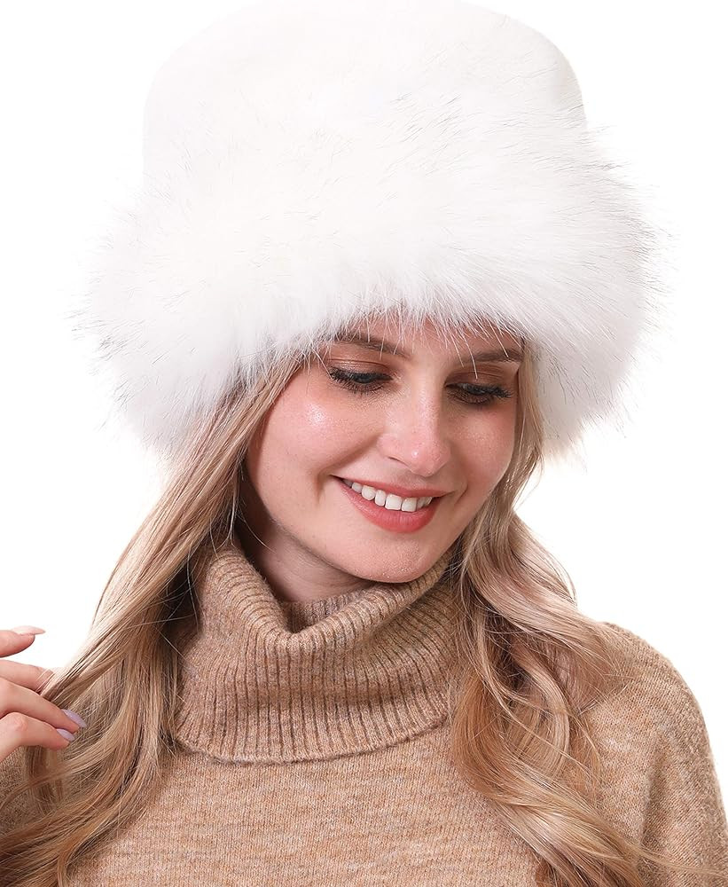 sy soul young Women's Leopard Faux Fur Hats Fluffy Bucket Hat Russian Style for Winter | Amazon (US)