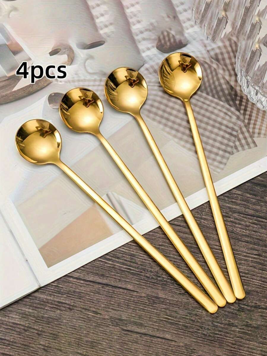 4 piezas Cucharas largas de acero inoxidable para café, té, cocteles, helado, batidos y bebidas... | SHEIN