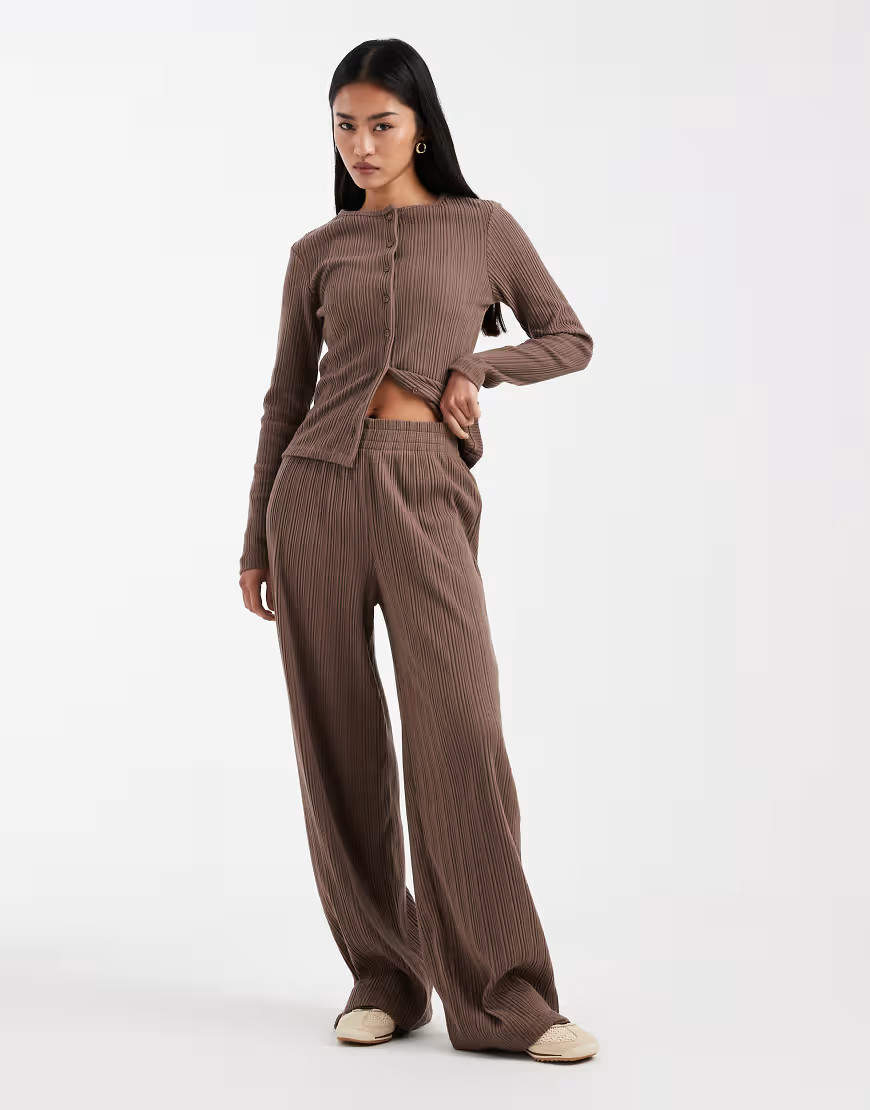 ASOS DESIGN wide leg brushed rib pants in chocolate (part of a set)-Brown | ASOS (Global)