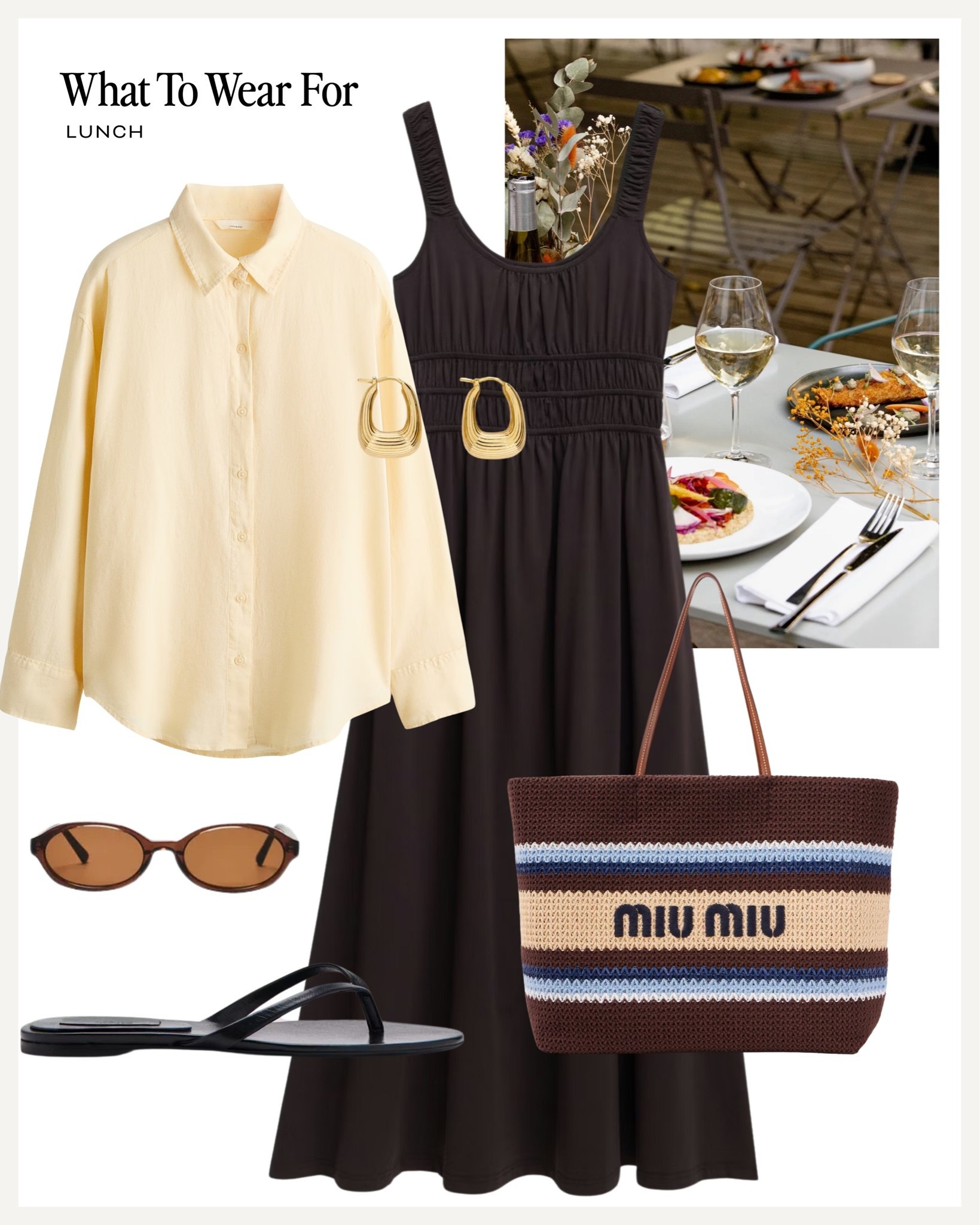 Heatwave approved outfits ☀️ 

Brown midi dress, yellow shirt, black sandals, effortless weekend style, miu miu straw tote bag

#LTKsummer
