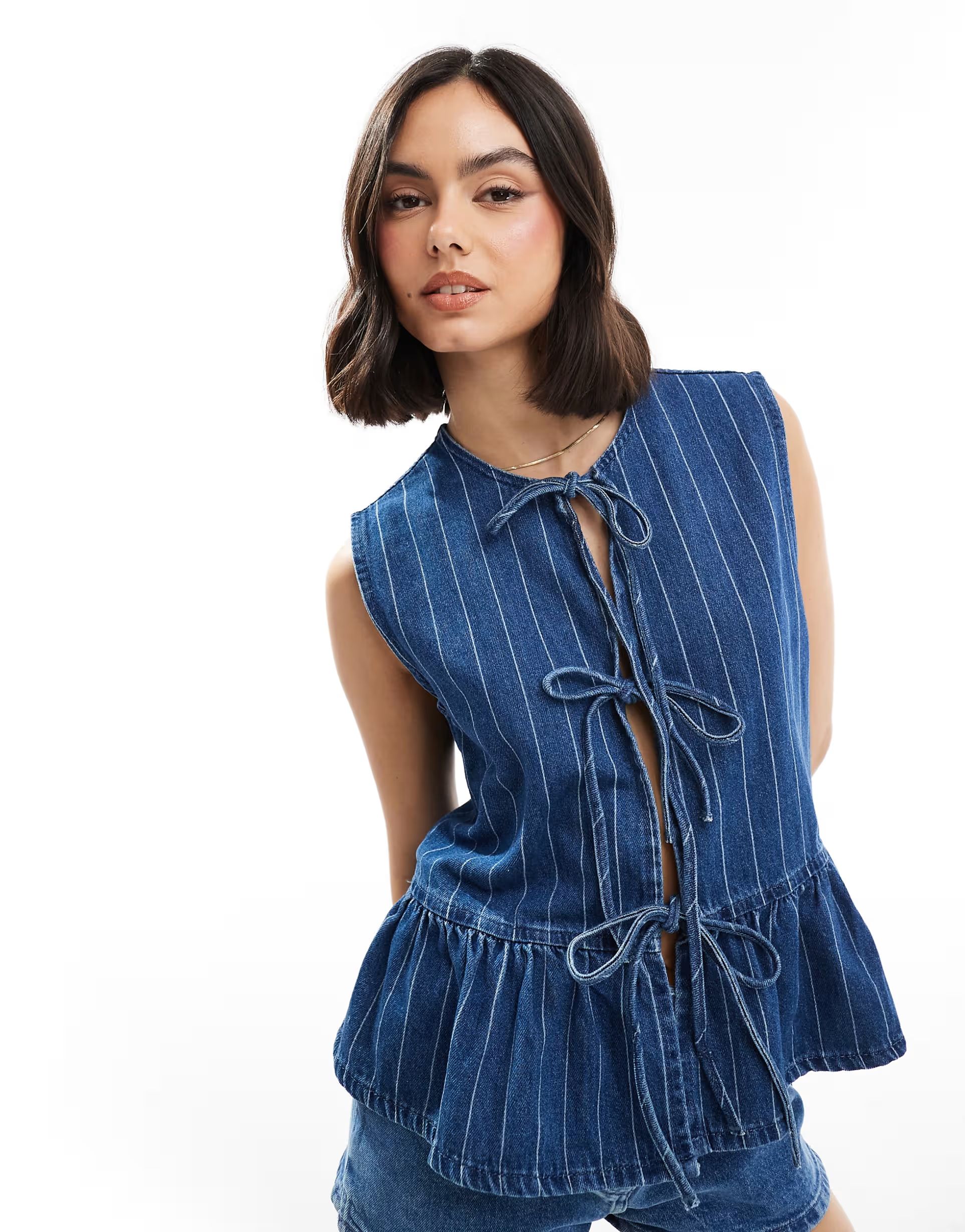 ASOS DESIGN denim tie front top in blue stripe | ASOS | ASOS (Global)