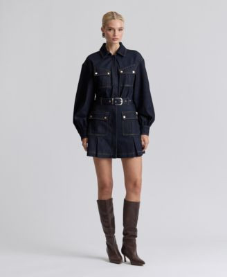 Avec Les Filles Women's Stretch Denim Belted Cargo Mini Dress - Dark Rinse | Macy's