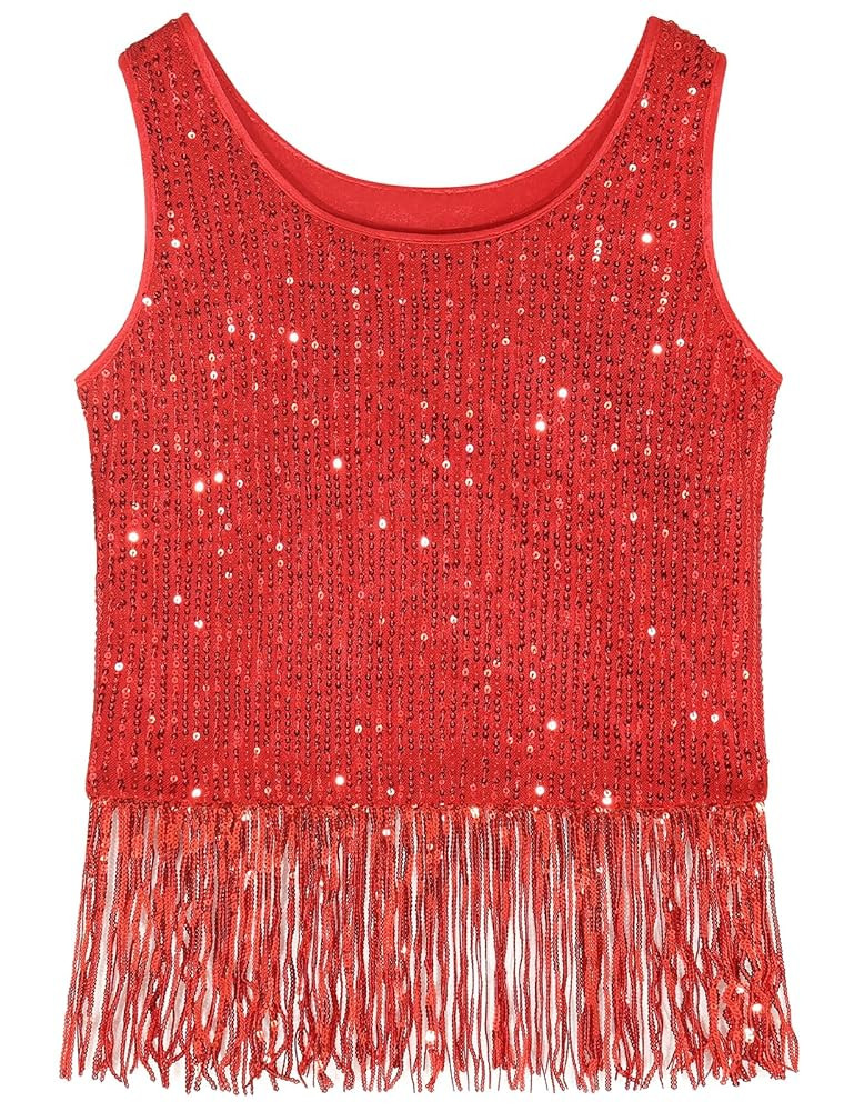 Noomelfish Girls Sequin Fringe Crop Tops Tassel Sparkly Glitter Dance Sleeveless Tank Shirt (5-12... | Amazon (US)