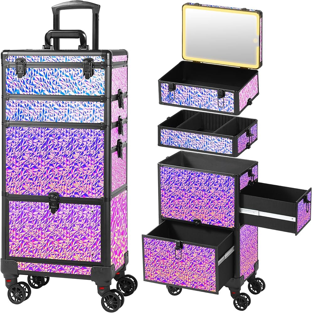Rolling Makeup Case with Lighted Mirror, Makeup Train Case with Large Drawer, Cosmetology Case, T... | Amazon (US)