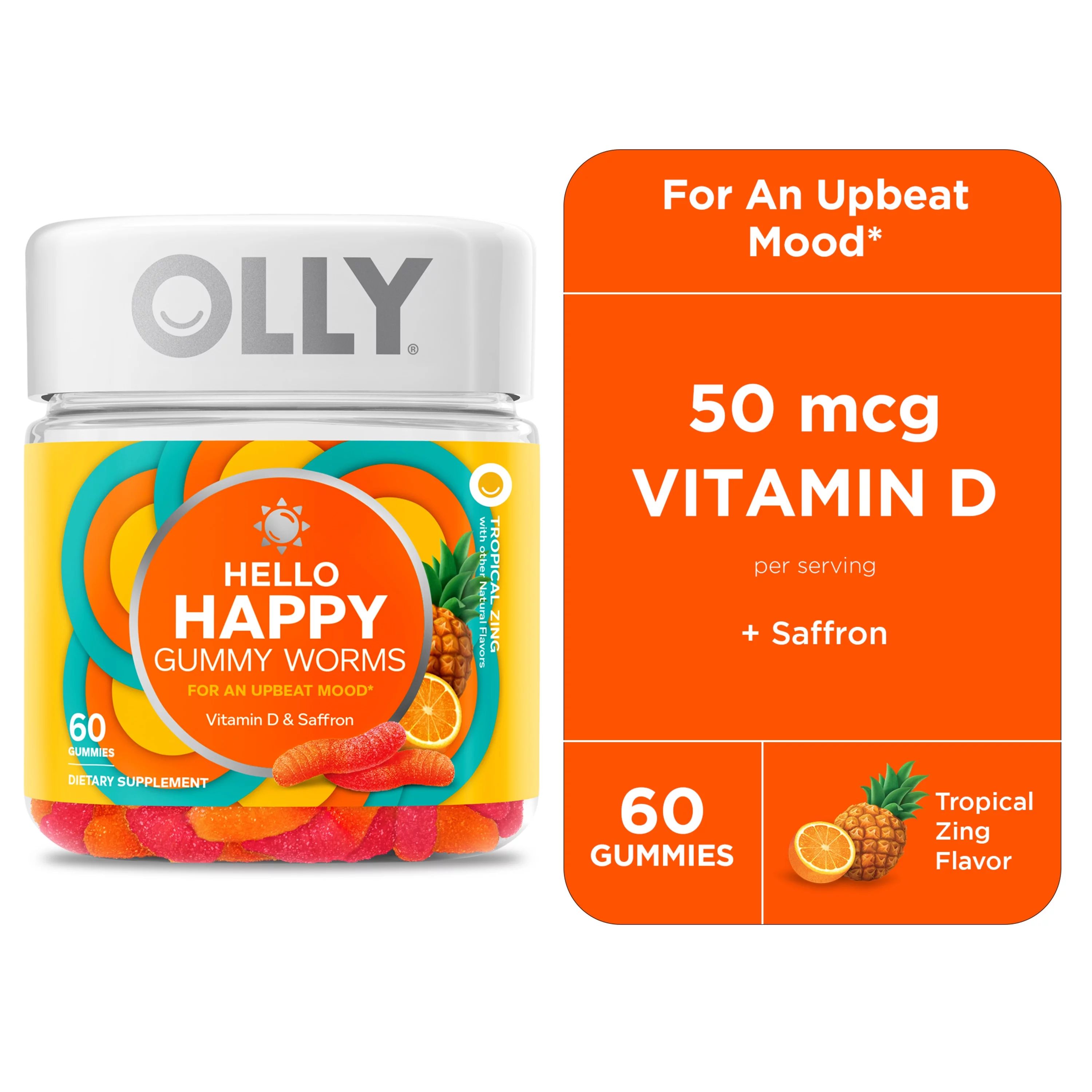 OLLY Hello Happy Gummy Worms, Mood Balance Support Supplement, Vitamin D, Tropical, 60 Ct | Walmart (US)