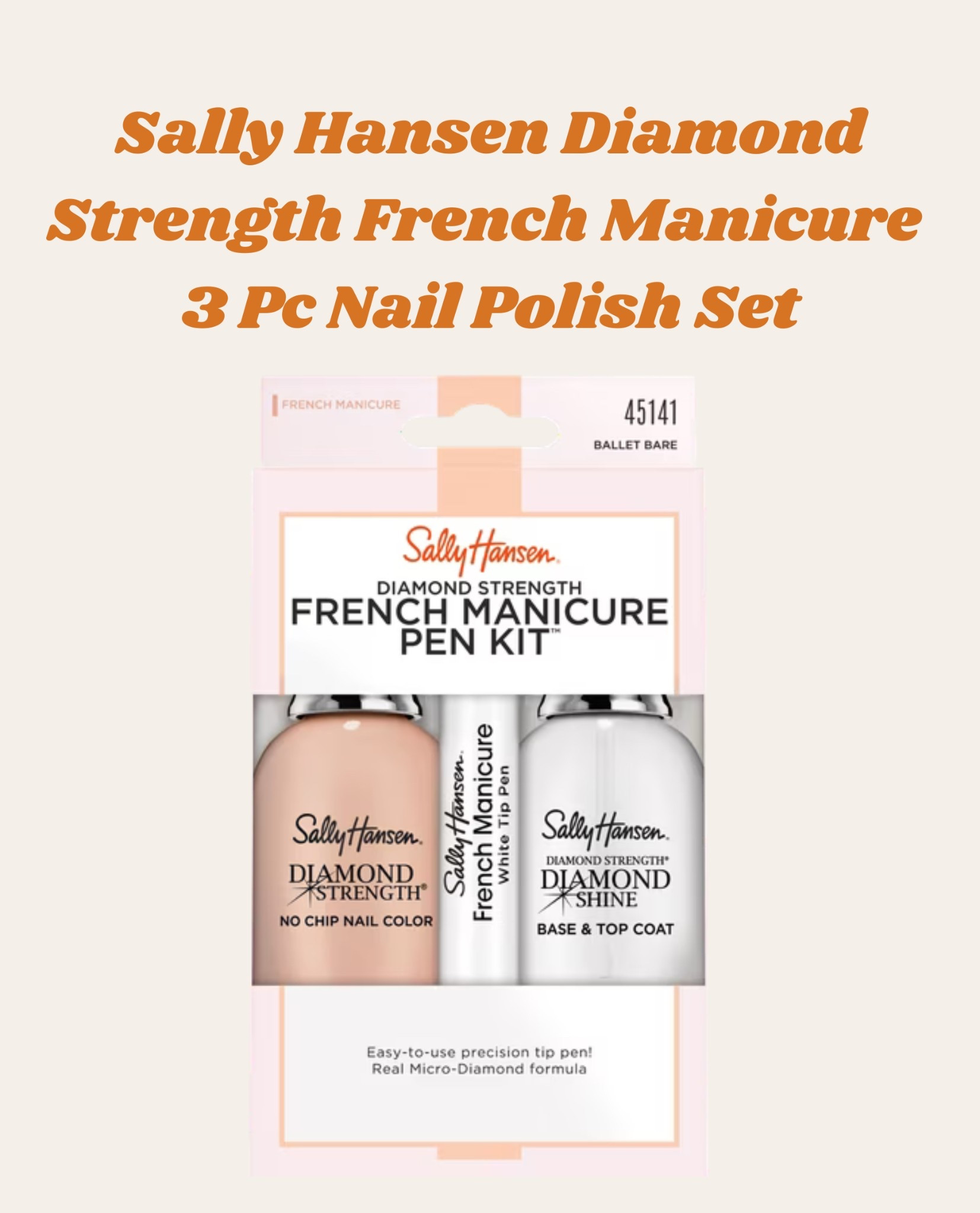 The Sally Hansen Diamond Strength French Manicure 3-Pc Nail Polish Set is a must-have for a flawless, long-lasting manicure! 💅💎 Get the perfect French tips with this easy-to-use set. #NailGoals #FrenchManicure #LTKFinds

#LTKFindsUnder50 #LTKBeauty